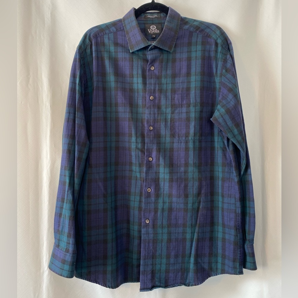 Viyella Mens Blackwatch Plaid Button Up Shirt LG Cotton Wool Blend Smart Casual